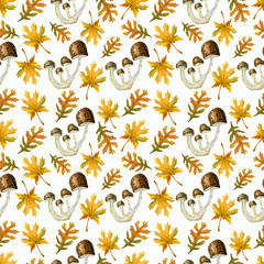 Seamless watercolor autumn pattern consisting of leaves and mushrooms