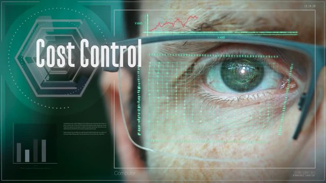 A close up of a businessman eye controlling a futuristic computer system with an Cost Control concept.
