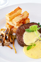 plated fillet steak meal