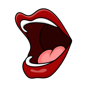 cartoon open mouth lips with tongue side isolated on white background