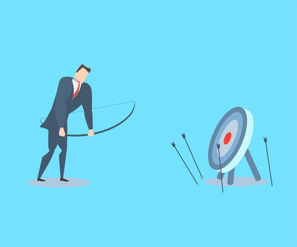 Happy young businessman does not hit the target.
The concept of fail.
Flat vector illustration