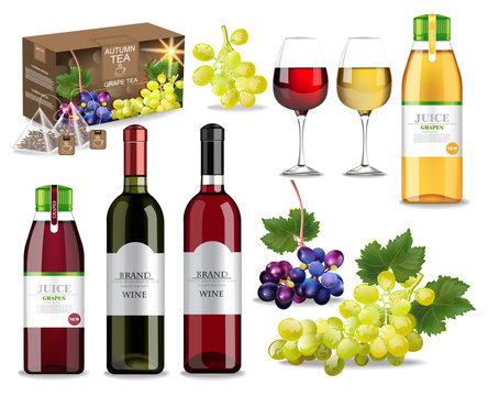 Grapes drinks set collection with wine, juice and tea Vector realistic. Product packaging mock up. Label design detailed 3d illustrations