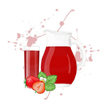 Glass pitcher and glass with strawberry juice vector illustration