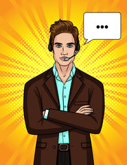 Vector color illustration of a guy in a suit and headphones is leading an online conversation. The employee of the service center helps the client. Pop art style illustration for an advertising flyer