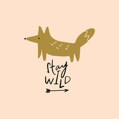 Nursery poster and postcard, cute fox. Vector, clipart