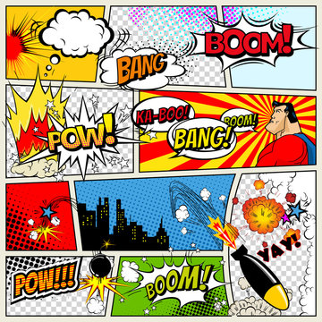 Comics Template. Vector Retro Comic Book Speech Bubbles Illustration. Mock-up of Comic Book Page with place for Text, Speech Bubbls, Symbols, Colored Halftone Background and Superhero