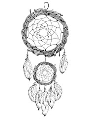 Dream catcher hand drawn sketch ethnic illustration with feathers on a white background isolated