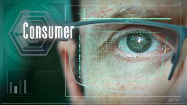 A close up of a businessman eye controlling a futuristic computer system with an Consumer concept.