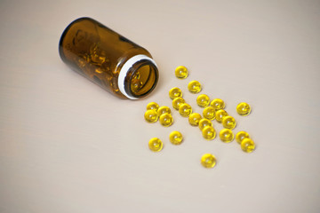 Omega 3 capsules. One bottle of omega 3 capsules. Fish fat.