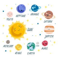 Vector illustration of our Solar System with color planets and asteroid belt on white background