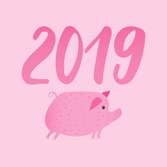 Illustration of pig as symbol of Chinese zodiac sign. 2019 Eastern pig year. Fun brush pink vector image for banners, greeting card, poster design.