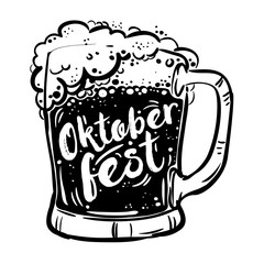 Oktoberfest handwritten lettering and mug of beer on white background. Festival template celebration. Vector illustration, Design element for congratulation cards, print, banners and others