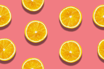 Slice of orange flatlay on color background. Pattern seamless wallpaper backdrop illustration