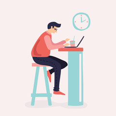 Vector illustration in flat style with business man character - guy sitting at the desk with laptop - start up, freelance and outsource work concept - infographics design element and concept