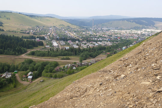 View of a small industrial town of Sim in a mountain valley