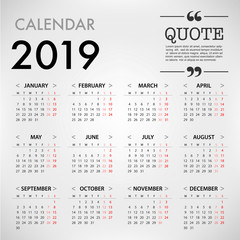 Calendar for 2019 on grey background with quote message