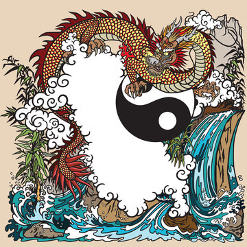 Eastern dragon in a landscape with waterfall , rocks ,plants and clouds . Vector illustration included Yin Yang symbol