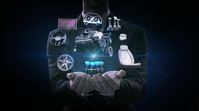 Businessman opens two palms, Electronic, lithium ion battery echo car. Charging car battery. eco-friendly future car. engine, seat, Instrument panel, navigation. 4k animation.