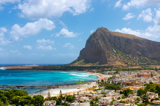 Beautifu panoramic view of the Italian sea town and emerald lagoon San Vito Lo Capo, Sicily