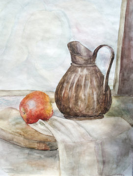 still life with fruit and vase, watercolor