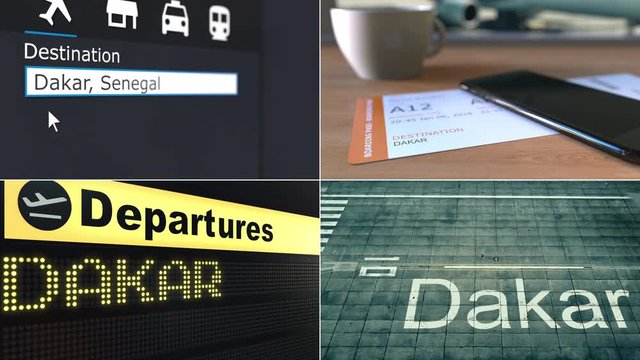 Flight to Dakar. Traveling to Senegal conceptual montage animation
