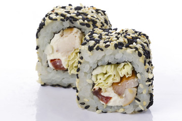 Sushi rolls japanese food isolated on white background.Menu of the Japanese restaurant. Traditional sushi rolls with a variety of stuffed sesame seeds
