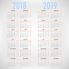 Calendar for 2018 2019 on grey background. Vector Template