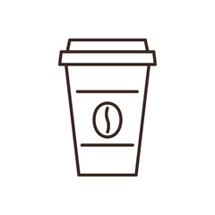 Disposable paper coffee cup linear icon isolated on white background. Take away hot drink vector illustration. Coffee shop design element. Cafe or restaurant menu symbol. Coffee house outline logo