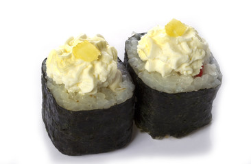 Sushi rolls japanese food isolated on white background.Menu of the Japanese restaurant. Two sushi with vegetables Philadelphia cheese pineapple close-up