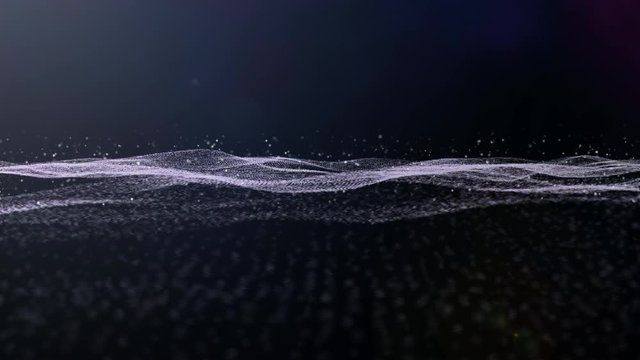 Vertical futuristic line particle loop wave animation. Abstract hi technology landscape movement screensaver background.