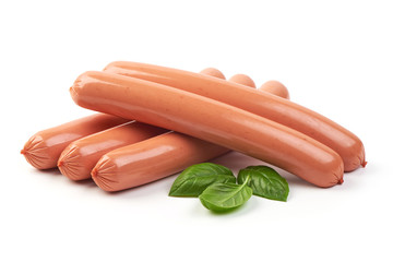 Boiled sausages with basil leaves isolated on white background