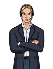 Vector color illustration of a guy in a suit and headphones talking online. Customer service center worker isolated from white background