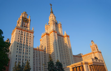 Fototapeta premium Moscow state University in beautiful view of the main building from the entrance with a clear blue sky