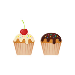Cupcake, muffin icons. Vector illustration. Set desserts isolated on white background. Junk and sweet snacks in flat design. Unhealthy meal.