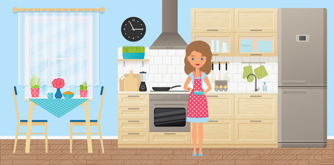 Woman character in kitchen cooking omelet. Vector. Cartoon room interior with animated girl, appliances, furniture, dining area in flat design. Housewife in dotted pot apron.