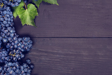 Blue grapes on black old boards. Background with grapes,