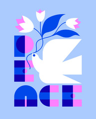 Peace day greeting card with elegant retro lettering and flying dove holding flower bouquet