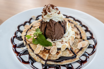 Dessert menu with baked roti and chocolate ice cream