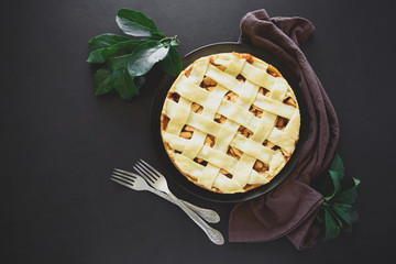 Fresh baked classic American apple pie on dark wooden background. Top view. Copy space. Toned