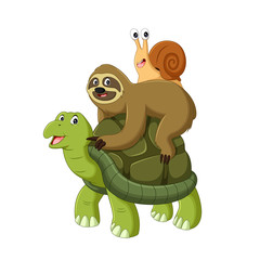 vector illustrator of sloth and snail riding a turtle © Hadi