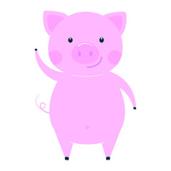 Obraz na płótnie Canvas Cute funny pig character - symbol of the 2019 Chinese New Year. Flat style design vector illustration isolated on white background. Cheerful waving pink piglet piggy.