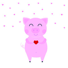 Cute funny pig character - symbol of the 2019 Chinese New Year fall in love 14 Valentine's day. Flat style design vector illustration isolated on white background. Cheerful piggy hold heart.