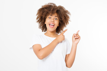 Young african american happy woman showing copyspace pointing on isolated white background. Summer...