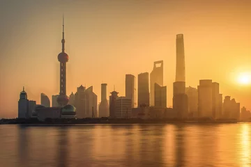Foto op Aluminium Moring view of shanghai skyline and huangpu river with sunrise glow © Somkiat