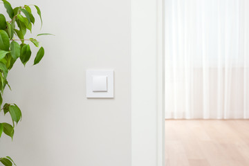 White wall switch on the wall. Light interior