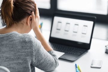 app design, technology and failure concept - stressed web designer with user interface layout on...