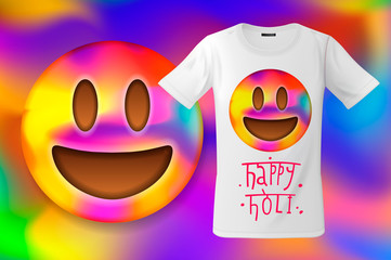 Happy Holi, colorful smiley emoticon, emoji face, T-shirt design, modern print use for sweatshirts, souvenirs and other uses, vector illustration.