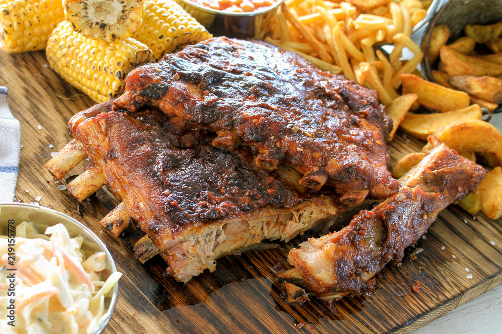 Canvas Prints barbecue beef ribs with fries meal