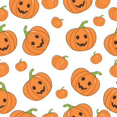 Cartoon pumpkin seamless pattern.  Hand drawn vector illustration.