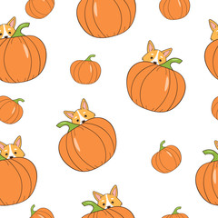 Halloween seamless pattern. Funny cartoon dog and pumpkin. Cartoon style. Vector illustration.